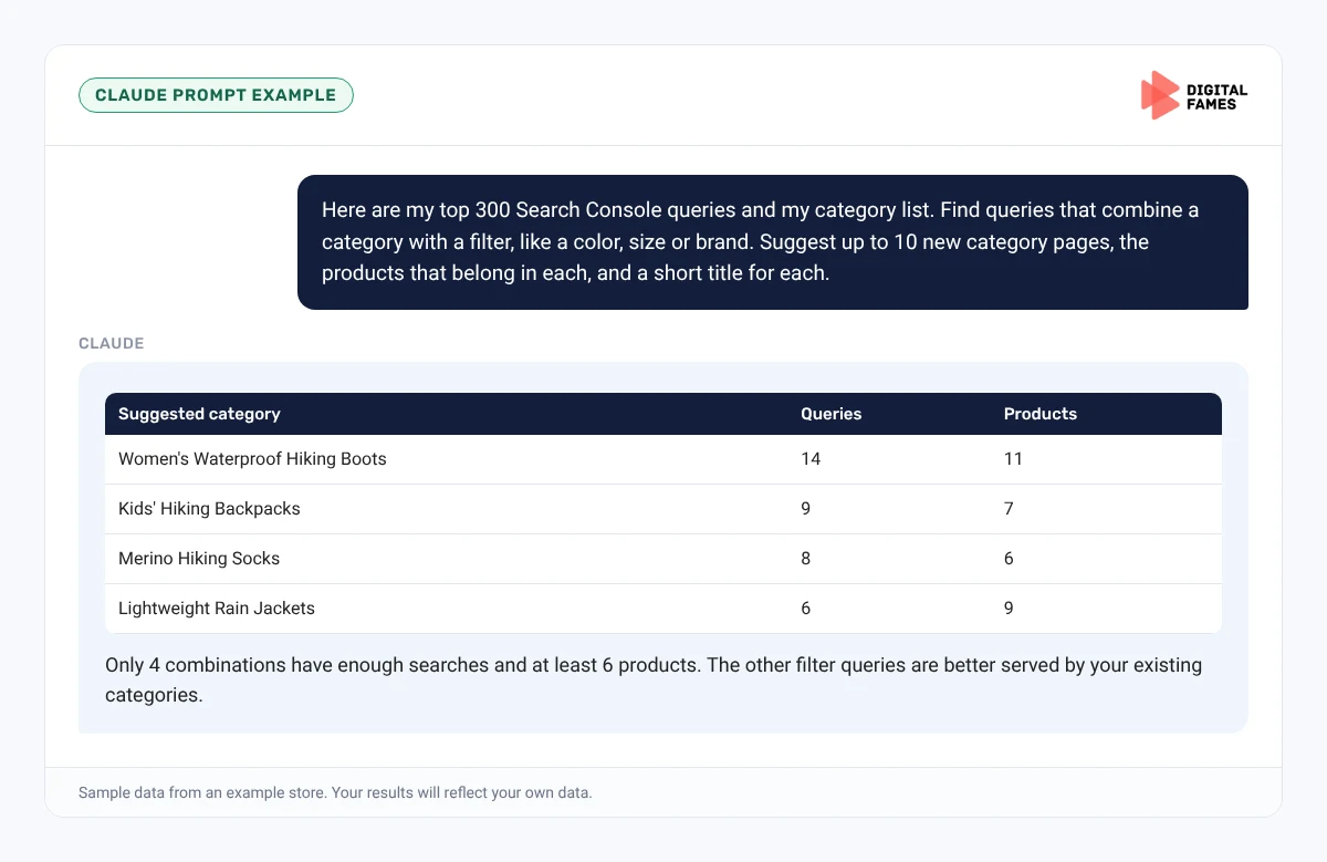 Claude prompt example finding filter combinations worth a category page