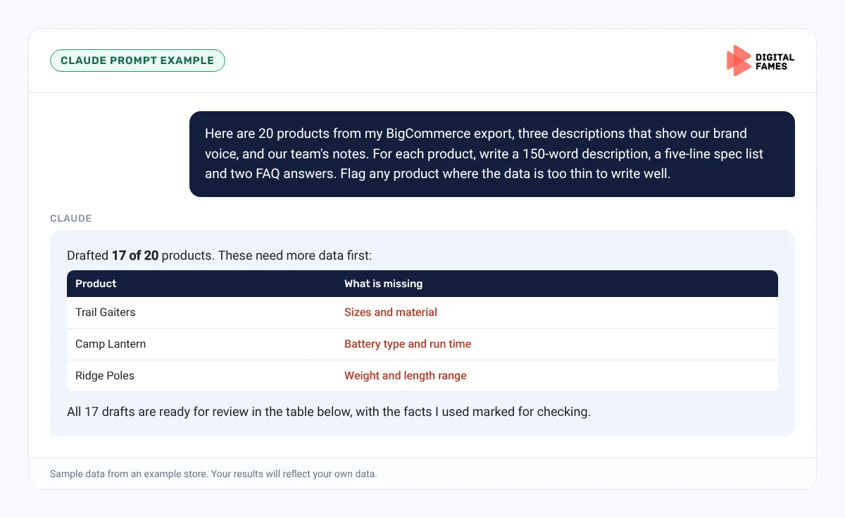 Claude prompt example drafting BigCommerce product descriptions in a batch