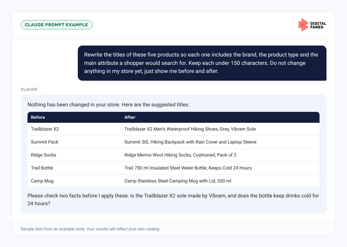 Claude prompt example rewriting Shopify product titles with before and after