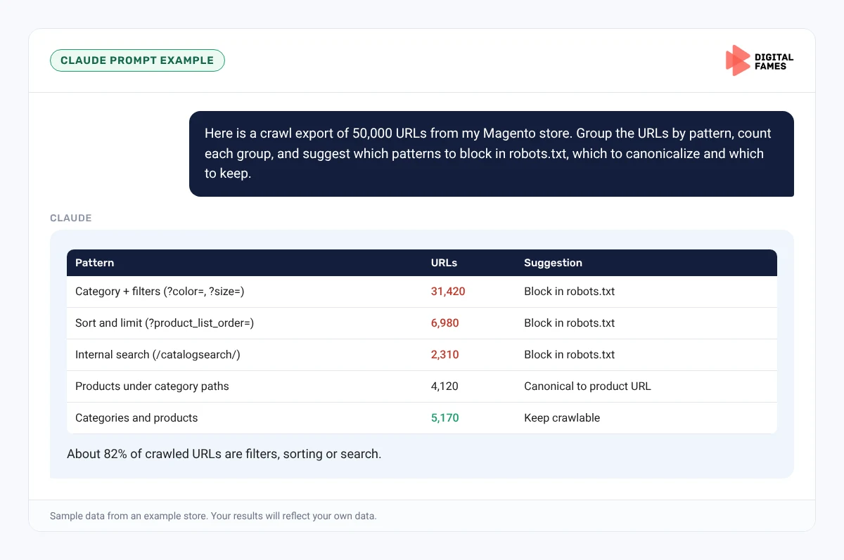 Claude prompt example grouping a Magento crawl export by URL pattern