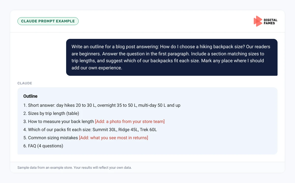 Claude prompt example outlining a Shopify blog post about backpack sizes