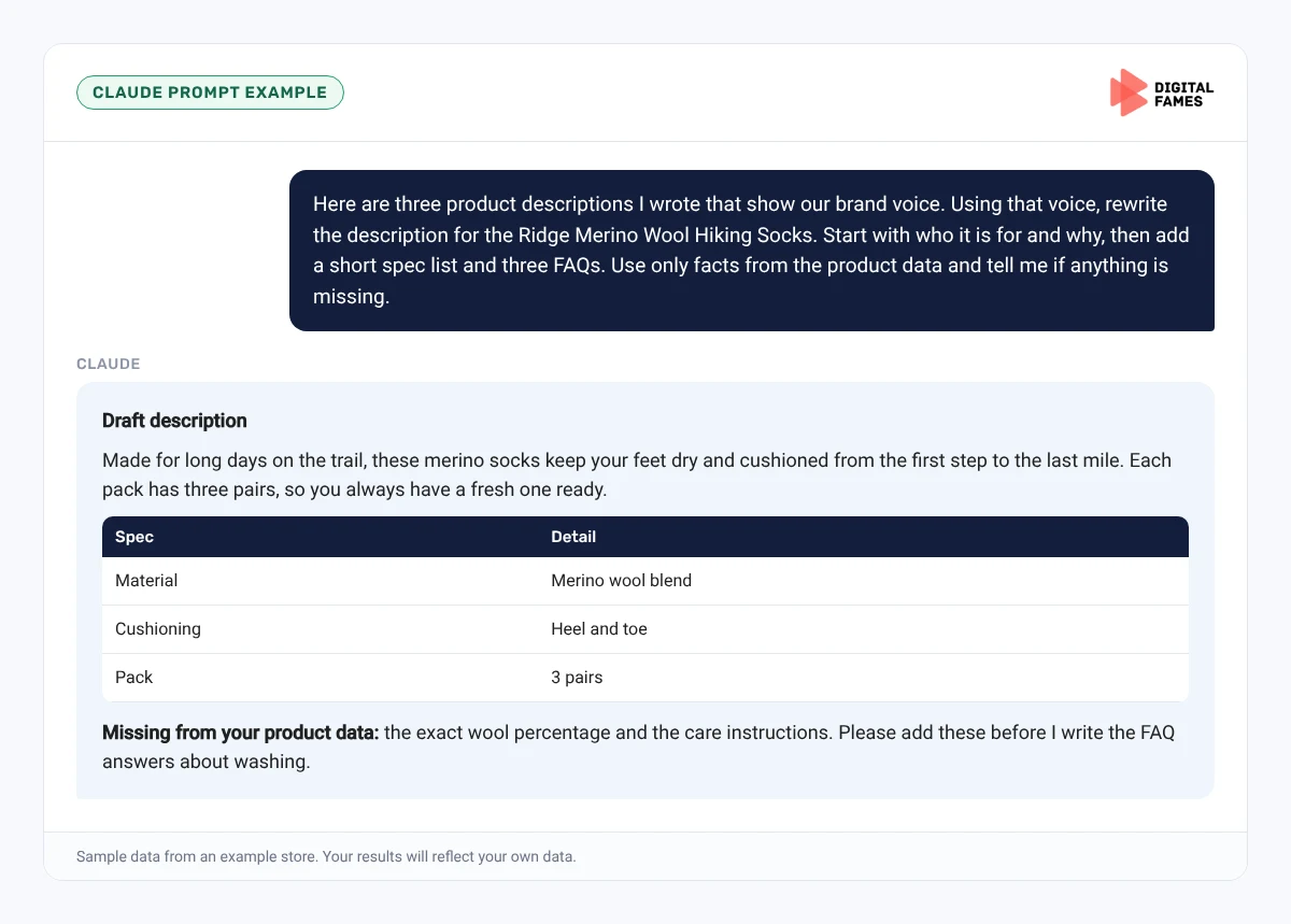 Claude prompt example rewriting a Shopify product description in brand voice