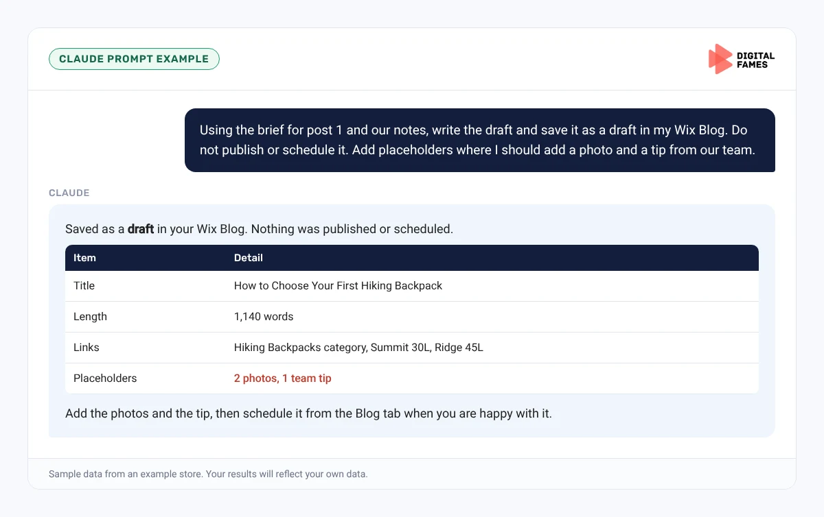 Claude prompt example saving a Wix blog draft without publishing