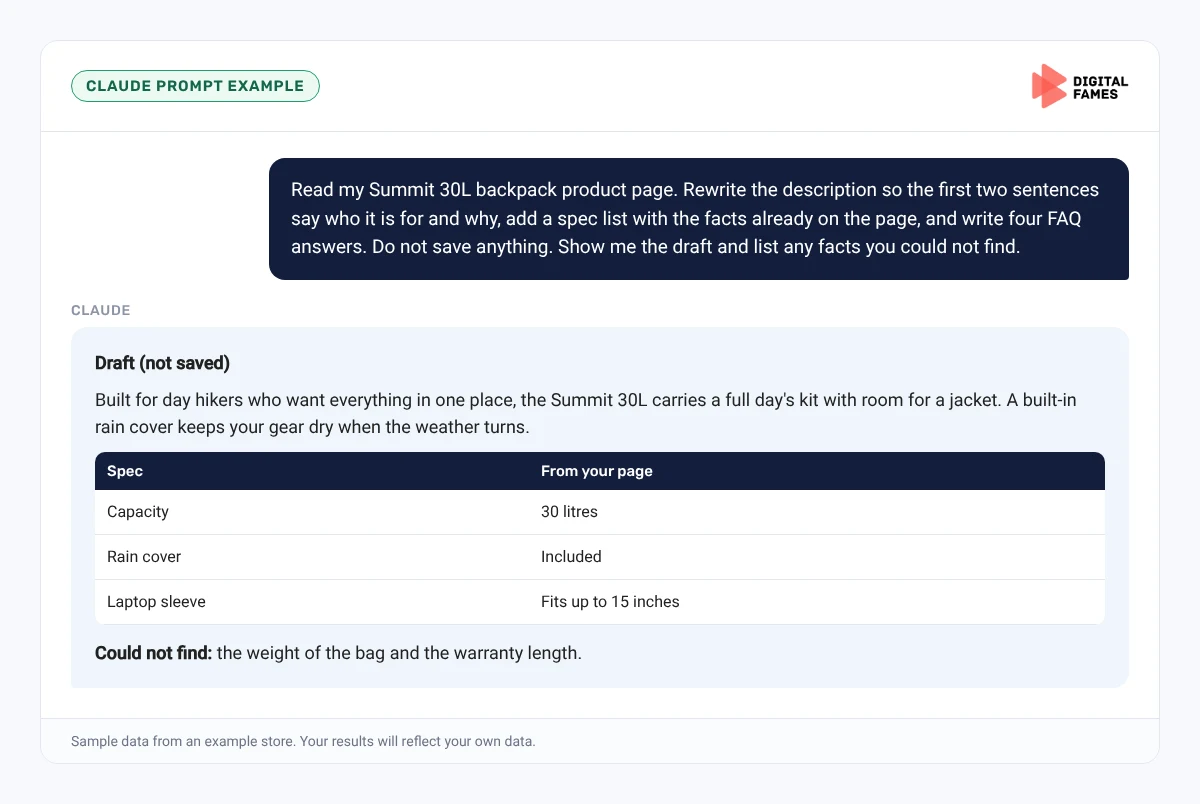 Claude prompt example rewriting a Wix product page without saving