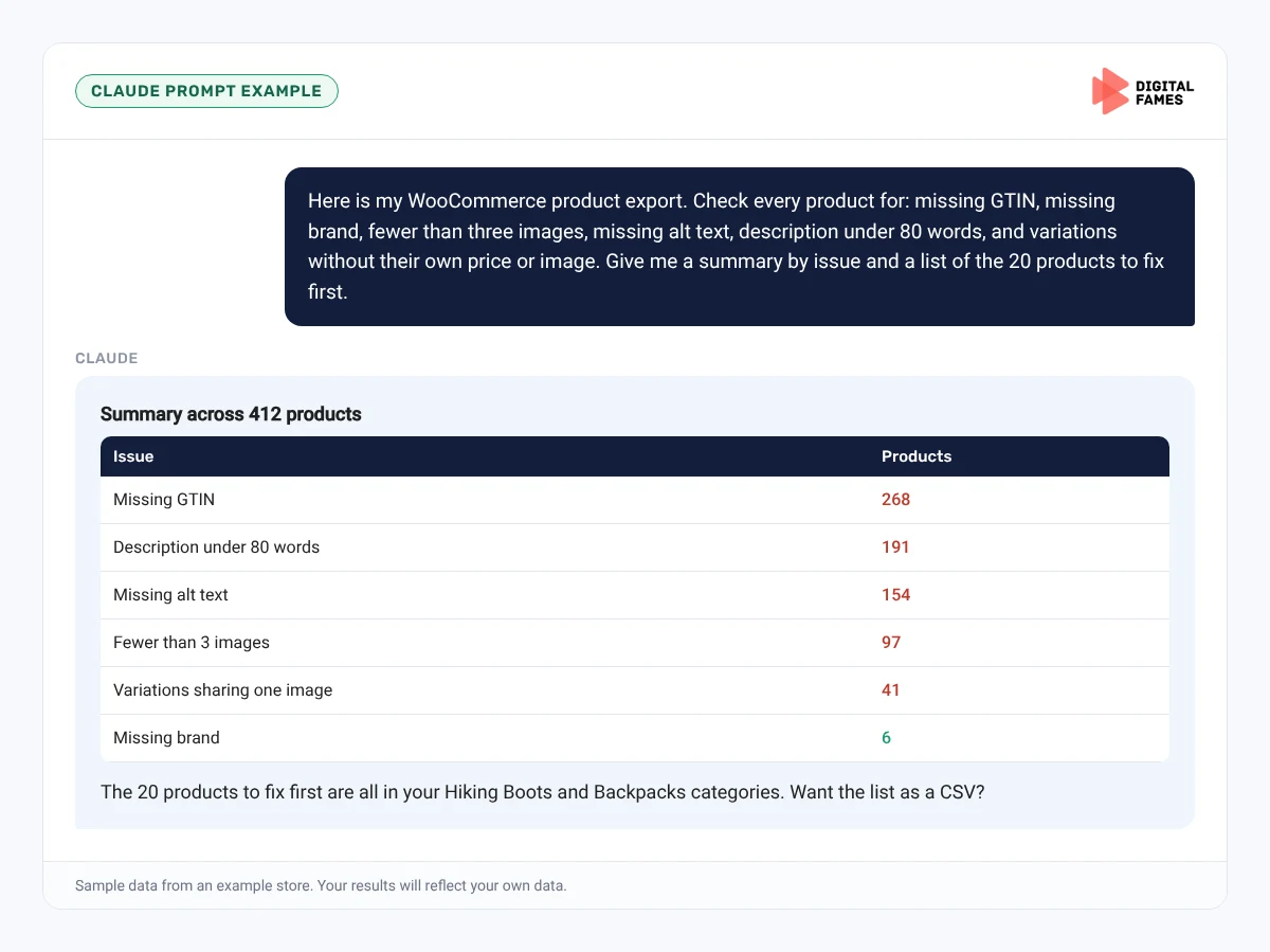 Claude prompt example checking a WooCommerce product export for missing data