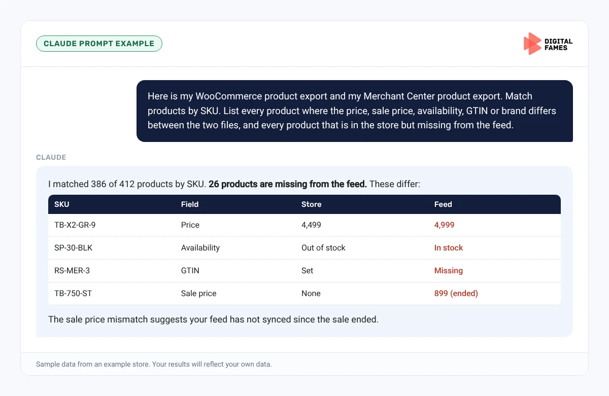 Claude prompt example comparing a WooCommerce export with a Merchant Center feed