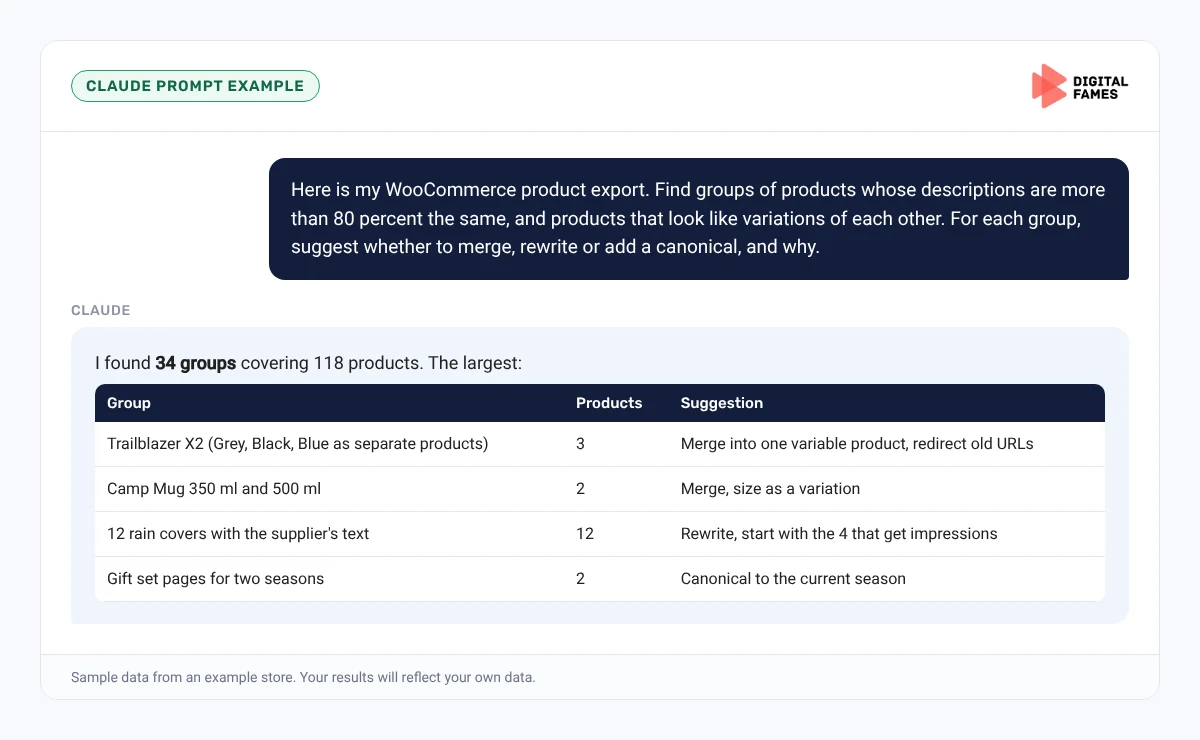 Claude prompt example finding duplicate WooCommerce product descriptions
